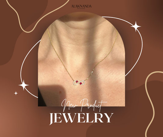"Alaknanda’s New Infinity Necklace – Elegant Gold Chain with Ruby Accents, Timeless Symbol of Love and Luxury"