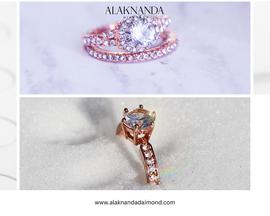 "Alaknanda’s Rose Gold Diamond Rings – Radiant Oval-Cut Brilliance with Elegant Pave Bands for Timeless Glamour"