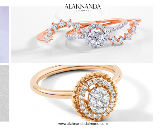 "Alaknanda’s Artistic Diamond Rings – Elegant Designs in Rose and Yellow Gold with Radiant, Modern Sparkle"