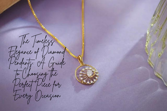 A beautifully designed diamond pendant on a gold chain is displayed on a soft purple background. The text overlay reads, "The Timeless Elegance of Diamond Pendants: A Guide to Choosing the Perfect Piece for Every Occasion."