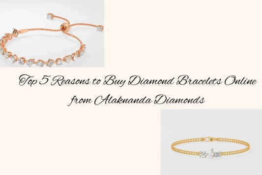 Two diamond bracelets, one with a rose gold chain and the other with a gold chain, displayed with the text 'Top 5 Reasons to Buy Diamond Bracelets Online from Alaknanda Diamonds