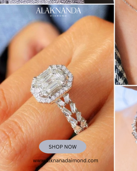 Alaknanda Diamond Emerald-Cut Halo Ring – Exquisite Luxury Design with Sparkling Band for Special Occasions
