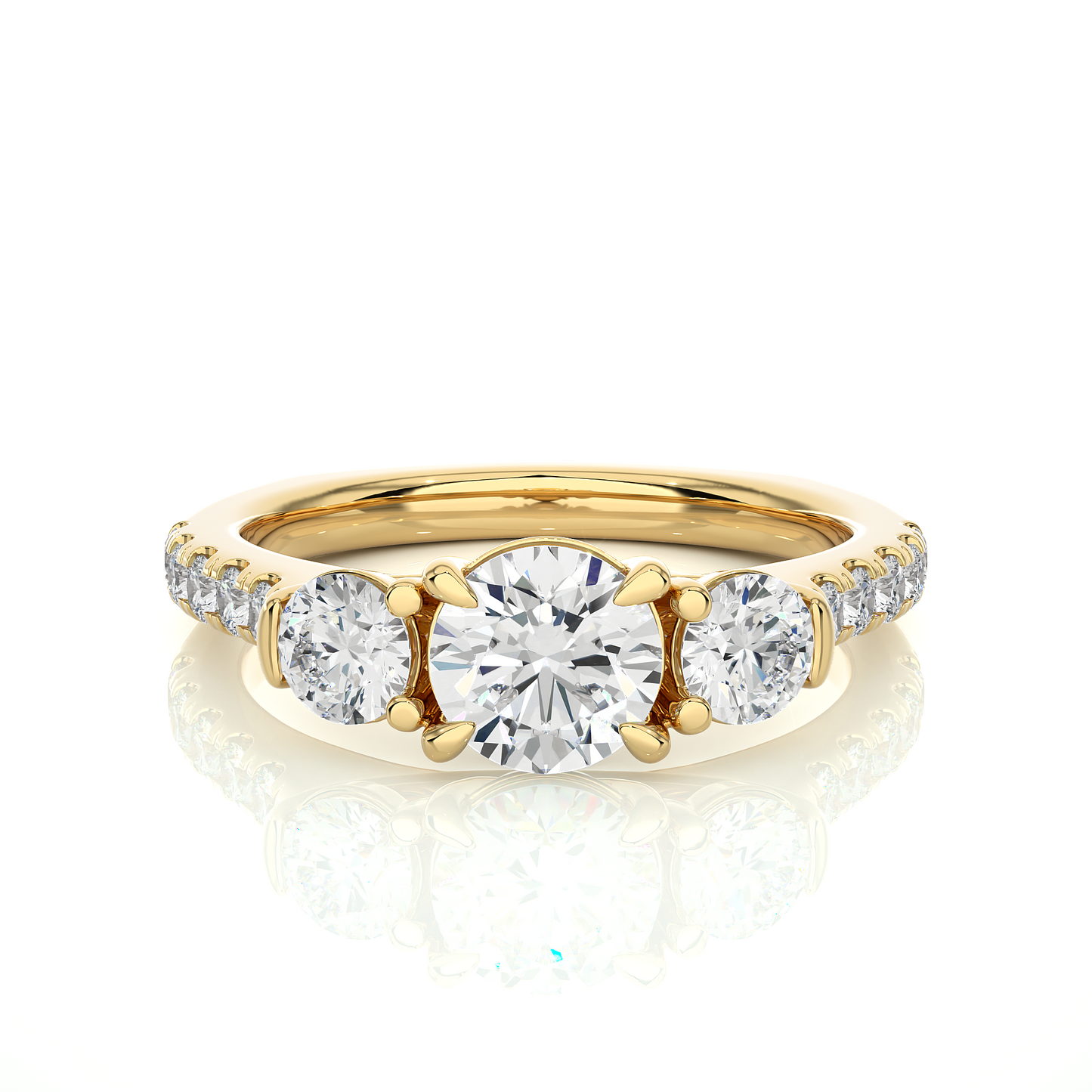 1.31 Ct Round Cut Lab Grown Diamond Three Stone Gold Engagement Ring/Wedding Ring/F Color/VS Clarity/1 Ct Diamond Ring/CVD Diamond Ring/Round Cut Diamond/Round Diamond Side Stone/Prong Set/Three Stone Set/Pave Set/10k Gold/14k Gold/18k Gold/Yellow Gold/White Gold/Rose Gold/Anniversary Gift