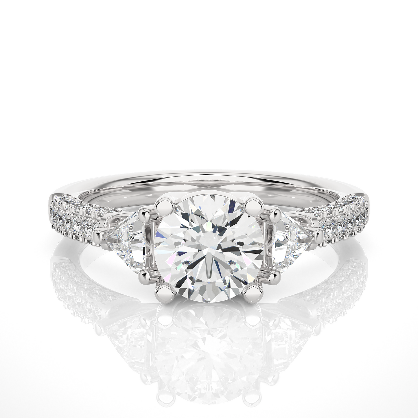 1.53 Ct Round Cut Lab Grown Diamond Three Stone Engagement Ring/Wedding Ring/F Color/VS Clarity/1 Ct Diamond Ring/CVD Diamond Ring/Round Cut Diamond/Trillion Diamond Side Stone/Prong Set/Three Stone Set/10k Gold/14k Gold/18k Gold/Yellow Gold/White Gold/Rose Gold/Anniversary Gift