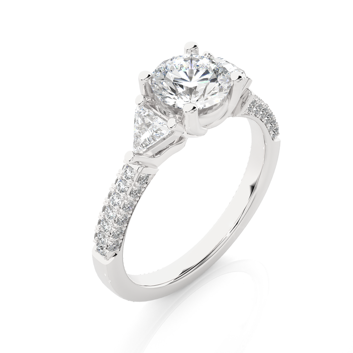 1.53 Ct Round Cut Lab Grown Diamond Three Stone Engagement Ring/Wedding Ring/F Color/VS Clarity/1 Ct Diamond Ring/CVD Diamond Ring/Round Cut Diamond/Trillion Diamond Side Stone/Prong Set/Three Stone Set/10k Gold/14k Gold/18k Gold/Yellow Gold/White Gold/Rose Gold/Anniversary Gift
