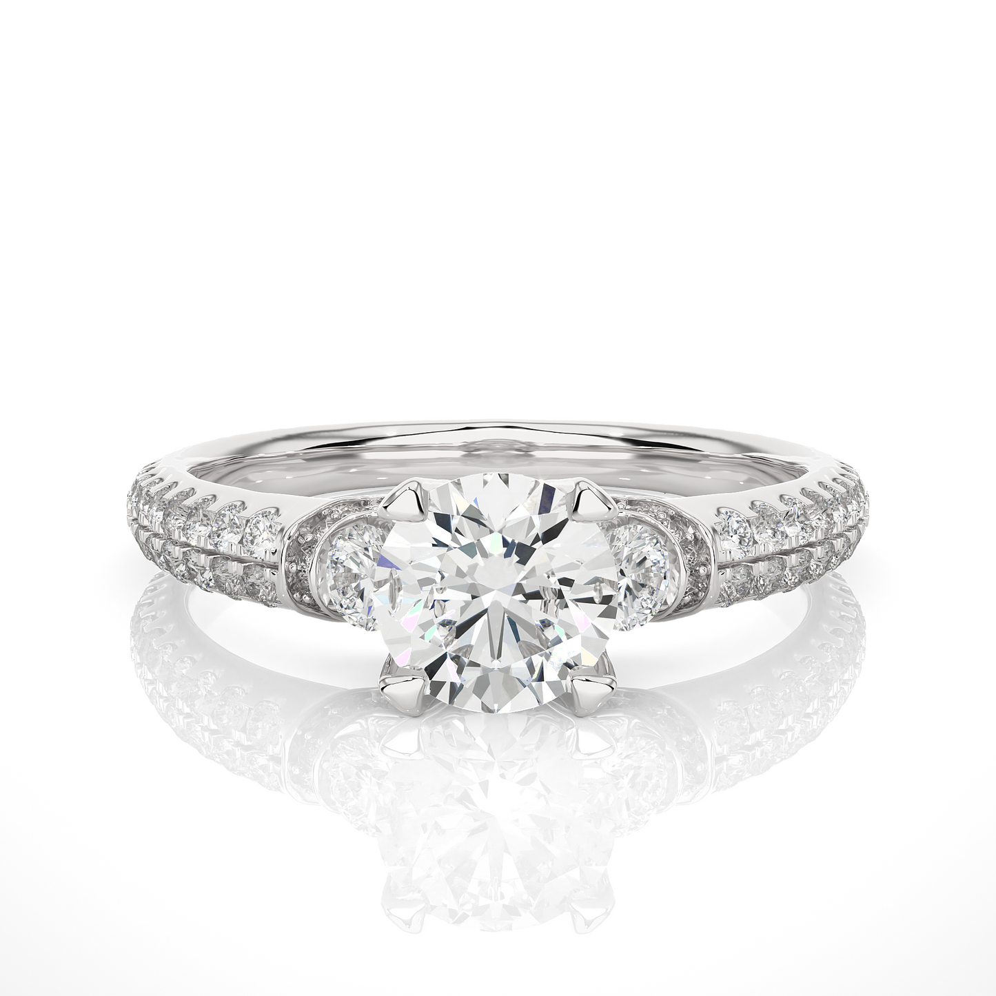 1.31 Ct Round Cut Lab Grown Diamond Three Stone Engagement Ring With Double Pave Shank/Wedding Ring/F Color/VS Clarity/1 Ct Diamond Ring/CVD Diamond Ring/Round Cut Diamond/Round Diamond Side Stone/Prong Set/Three Stone Set/Pave Set/10k Gold/14k Gold/18k Gold/Yellow Gold/White Gold/Rose Gold/Anniversary Gift