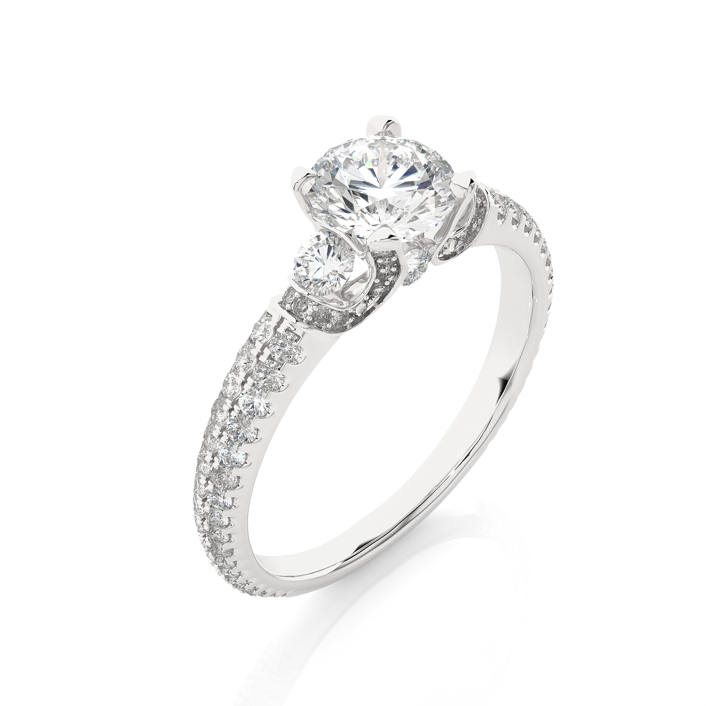 1.31 Ct Round Cut Lab Grown Diamond Three Stone Engagement Ring With Double Pave Shank/Wedding Ring/F Color/VS Clarity/1 Ct Diamond Ring/CVD Diamond Ring/Round Cut Diamond/Round Diamond Side Stone/Prong Set/Three Stone Set/Pave Set/10k Gold/14k Gold/18k Gold/Yellow Gold/White Gold/Rose Gold/Anniversary Gift