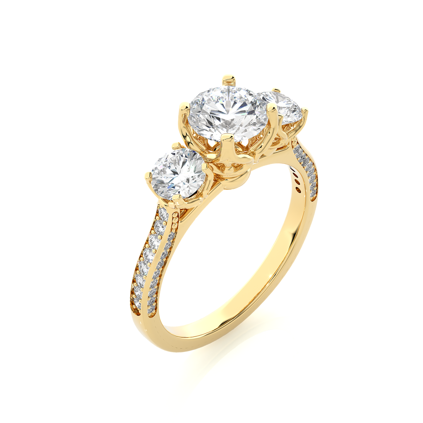 1.48 Ct Round Cut E-VS2 Lab Grown Diamond Three Stone Engagement Ring/Wedding Ring/F Color/VS Clarity/1 Ct Diamond Ring/CVD Diamond Ring/Round Cut Diamond/Round Diamond Side Stone/Prong Set/Three Stone Set/Pave Set/10k Gold/14k Gold/18k Gold/Yellow Gold/White Gold/Rose Gold/Anniversary Gift