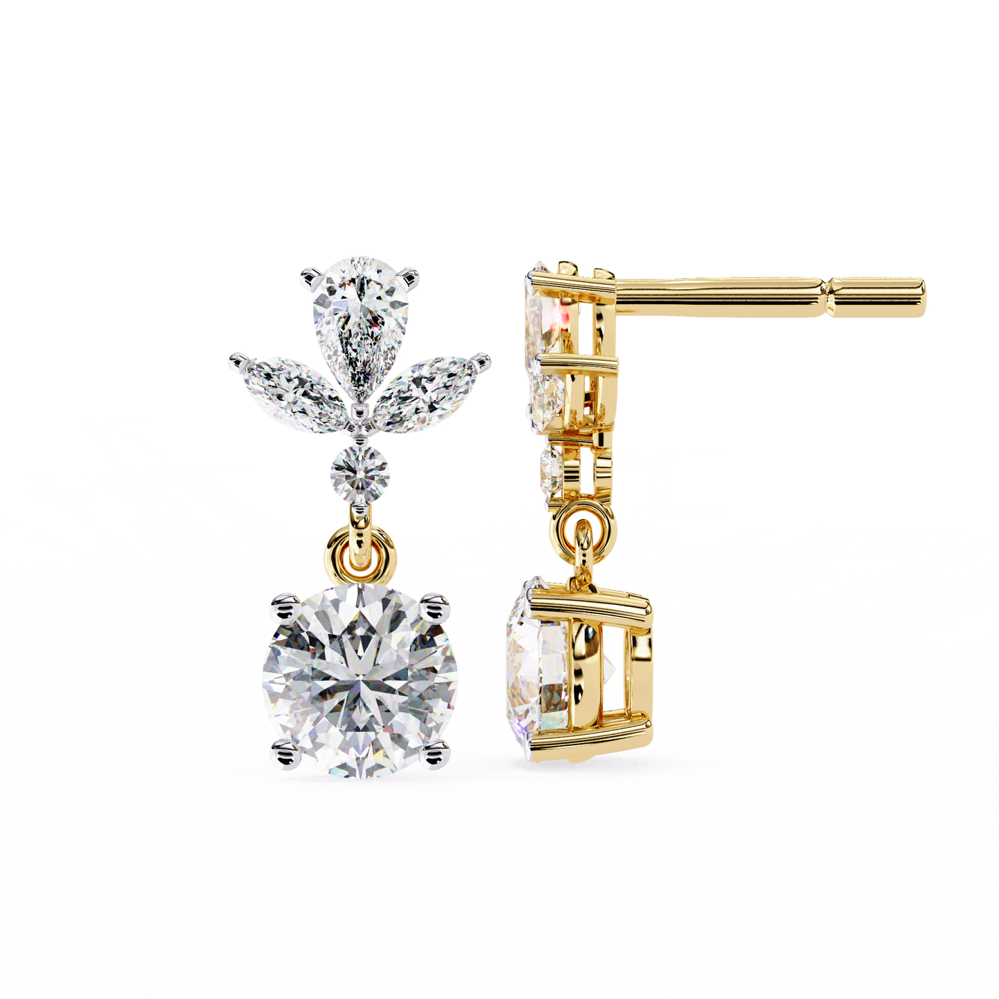 Drop Round Danglers/Gold CVD Diamond Earring/Anniversary Gift/Solitaire Diamond Stud Earring/1 Ct Diamond Earring/Prong Setting/igi Certified/Stud Earring/Ethical Diamond/Silver Earring/Gold Earring/CVD Diamond Earring/E Color Diamond/VS Clarity Diamond/Manmade Diamond/Lab Grown Diamond/Round Cut Diamond/Pear Side Stone Diamond/Marquise Side Stone Diamond