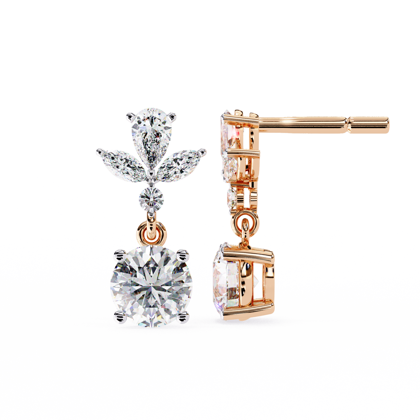 Drop Round Danglers/Gold CVD Diamond Earring/Anniversary Gift/Solitaire Diamond Stud Earring/1 Ct Diamond Earring/Prong Setting/igi Certified/Stud Earring/Ethical Diamond/Silver Earring/Gold Earring/CVD Diamond Earring/E Color Diamond/VS Clarity Diamond/Manmade Diamond/Lab Grown Diamond/Round Cut Diamond/Pear Side Stone Diamond/Marquise Side Stone Diamond