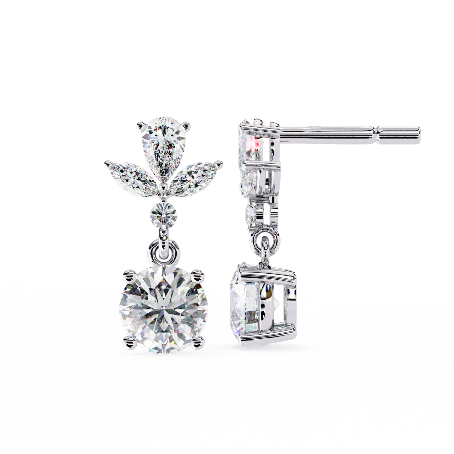 Drop Round Danglers/Gold CVD Diamond Earring/Anniversary Gift/Solitaire Diamond Stud Earring/1 Ct Diamond Earring/Prong Setting/igi Certified/Stud Earring/Ethical Diamond/Silver Earring/Gold Earring/CVD Diamond Earring/E Color Diamond/VS Clarity Diamond/Manmade Diamond/Lab Grown Diamond/Round Cut Diamond/Pear Side Stone Diamond/Marquise Side Stone Diamond