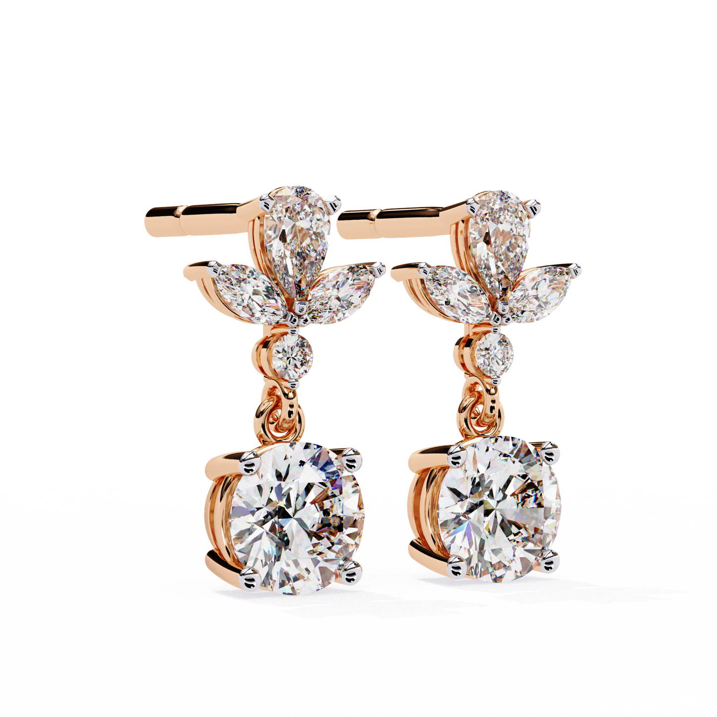 Drop Round Danglers/Gold CVD Diamond Earring/Anniversary Gift/Solitaire Diamond Stud Earring/1 Ct Diamond Earring/Prong Setting/igi Certified/Stud Earring/Ethical Diamond/Silver Earring/Gold Earring/CVD Diamond Earring/E Color Diamond/VS Clarity Diamond/Manmade Diamond/Lab Grown Diamond/Round Cut Diamond/Pear Side Stone Diamond/Marquise Side Stone Diamond