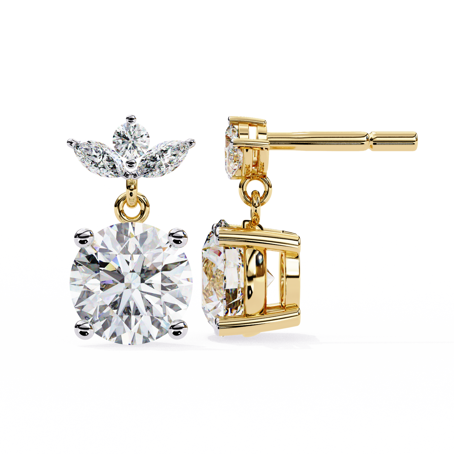 Drop Solitaire Danglers/Gold CVD Diamond Earring/Anniversary Gift/Solitaire Diamond Stud Earring/1 Ct Diamond Earring/Prong Setting/igi Certified/Stud Earring/Ethical Diamond/Silver Earring/Gold Earring/CVD Diamond Earring/E Color Diamond/VS Clarity Diamond/Manmade Diamond/Lab Grown Diamond/Round Cut Diamond/Marquise Side Stone Diamond