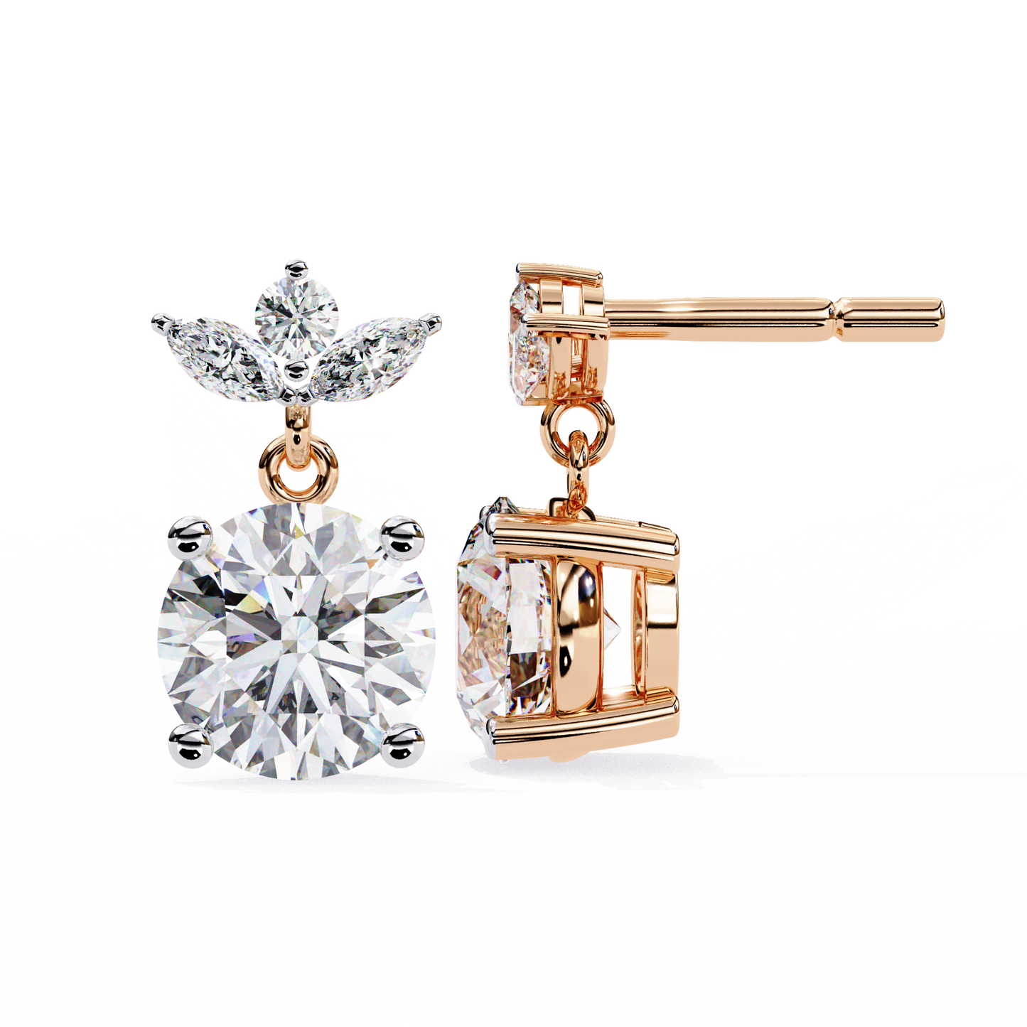 Drop Solitaire Danglers/Gold CVD Diamond Earring/Anniversary Gift/Solitaire Diamond Stud Earring/1 Ct Diamond Earring/Prong Setting/igi Certified/Stud Earring/Ethical Diamond/Silver Earring/Gold Earring/CVD Diamond Earring/E Color Diamond/VS Clarity Diamond/Manmade Diamond/Lab Grown Diamond/Round Cut Diamond/Marquise Side Stone Diamond