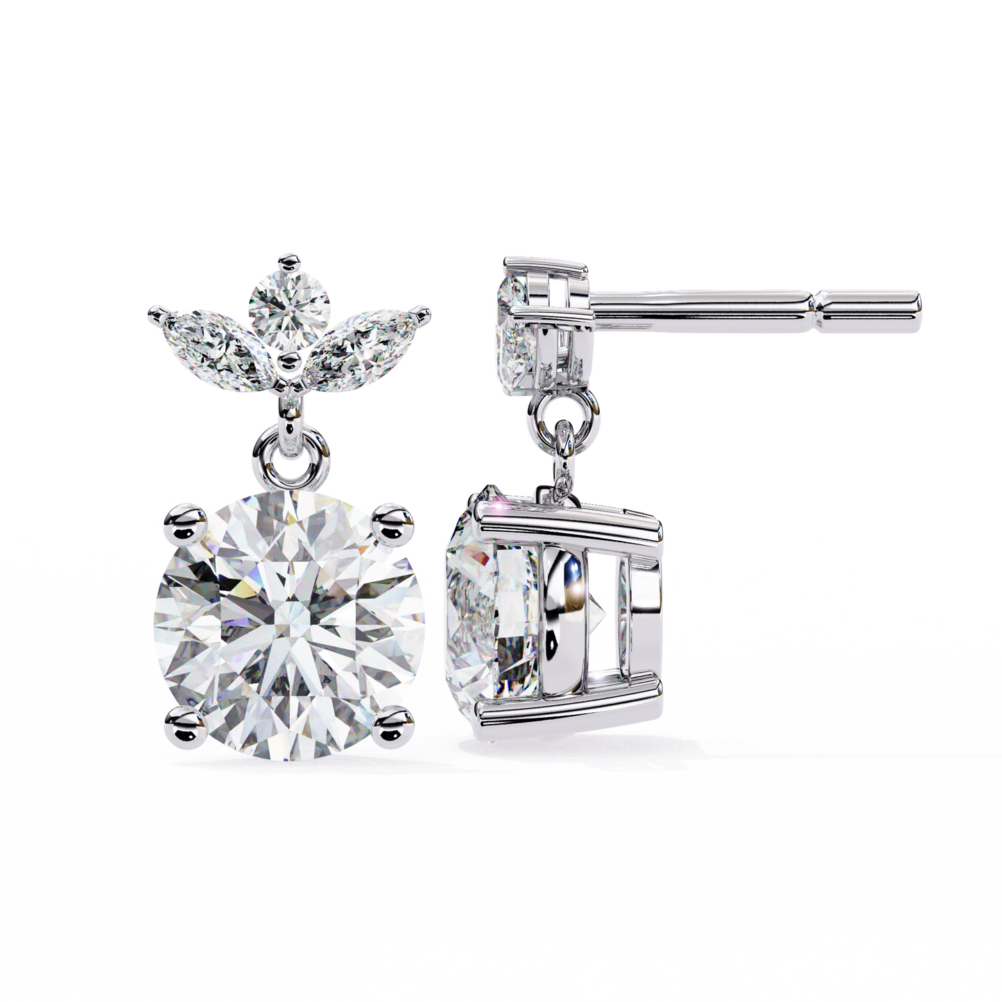 Drop Solitaire Danglers/Gold CVD Diamond Earring/Anniversary Gift/Solitaire Diamond Stud Earring/1 Ct Diamond Earring/Prong Setting/igi Certified/Stud Earring/Ethical Diamond/Silver Earring/Gold Earring/CVD Diamond Earring/E Color Diamond/VS Clarity Diamond/Manmade Diamond/Lab Grown Diamond/Round Cut Diamond/Marquise Side Stone Diamond