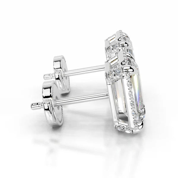 Emerald Cut Moissanite Silver Halo Earring