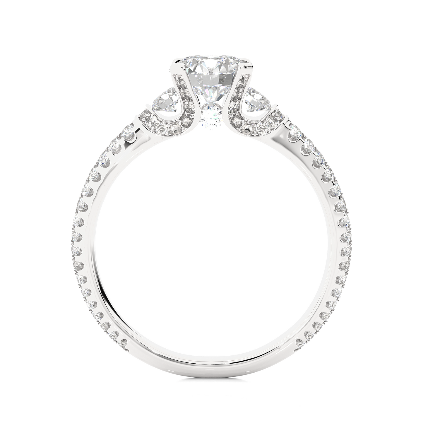 1.31 Ct Round Cut Lab Grown Diamond Three Stone Engagement Ring With Double Pave Shank/Wedding Ring/F Color/VS Clarity/1 Ct Diamond Ring/CVD Diamond Ring/Round Cut Diamond/Round Diamond Side Stone/Prong Set/Three Stone Set/Pave Set/10k Gold/14k Gold/18k Gold/Yellow Gold/White Gold/Rose Gold/Anniversary Gift
