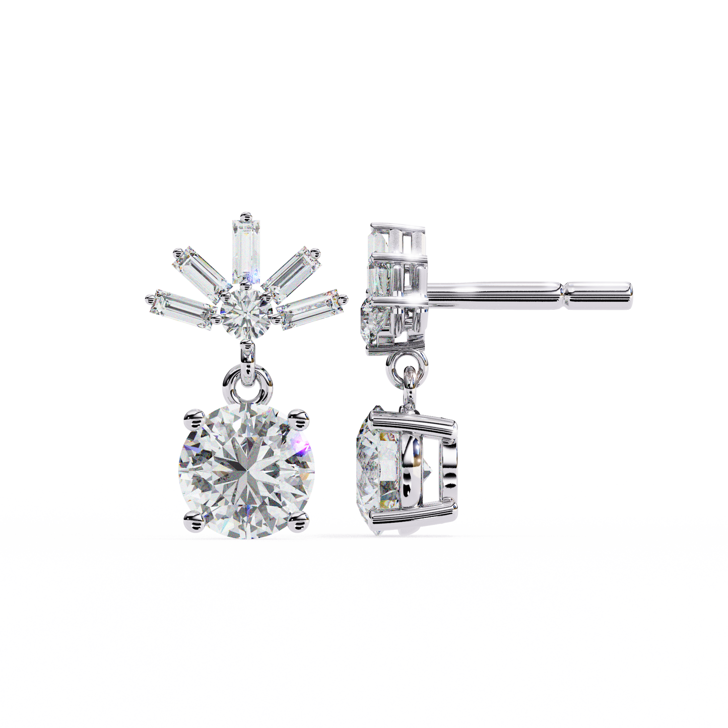 Round Baguette Gold Danglers/Gold CVD Diamond Earring/Anniversary Gift/Solitaire Diamond Stud Earring/1 Ct Diamond Earring/Prong Setting/igi Certified/Stud Earring/Ethical Diamond/Silver Earring/Gold Earring/CVD Diamond Earring/F Color Diamond/VS Clarity Diamond/Manmade Diamond/Lab Grown Diamond/Round Cut Diamond