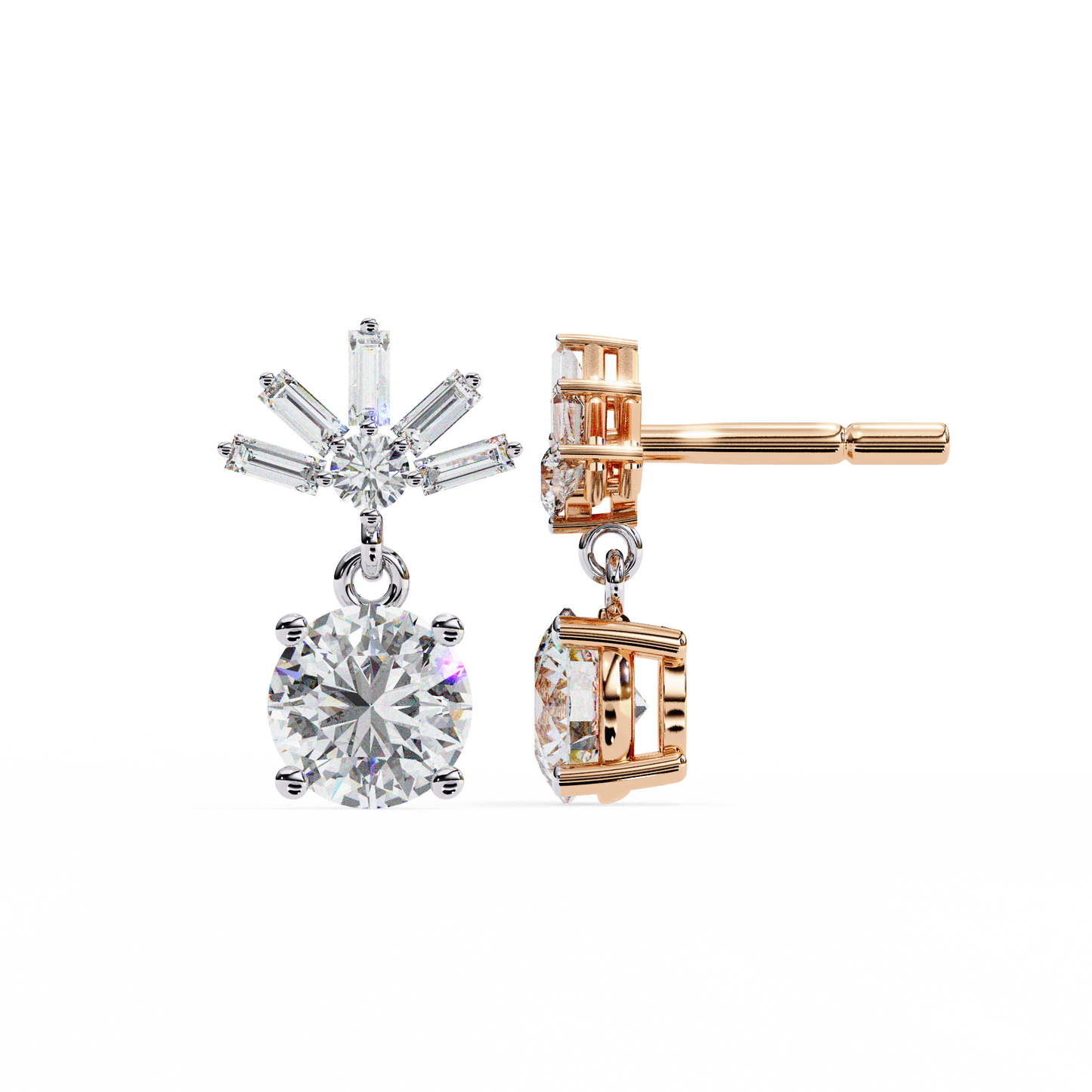 Round Baguette Gold Danglers/Gold CVD Diamond Earring/Anniversary Gift/Solitaire Diamond Stud Earring/1 Ct Diamond Earring/Prong Setting/igi Certified/Stud Earring/Ethical Diamond/Silver Earring/Gold Earring/CVD Diamond Earring/F Color Diamond/VS Clarity Diamond/Manmade Diamond/Lab Grown Diamond/Round Cut Diamond