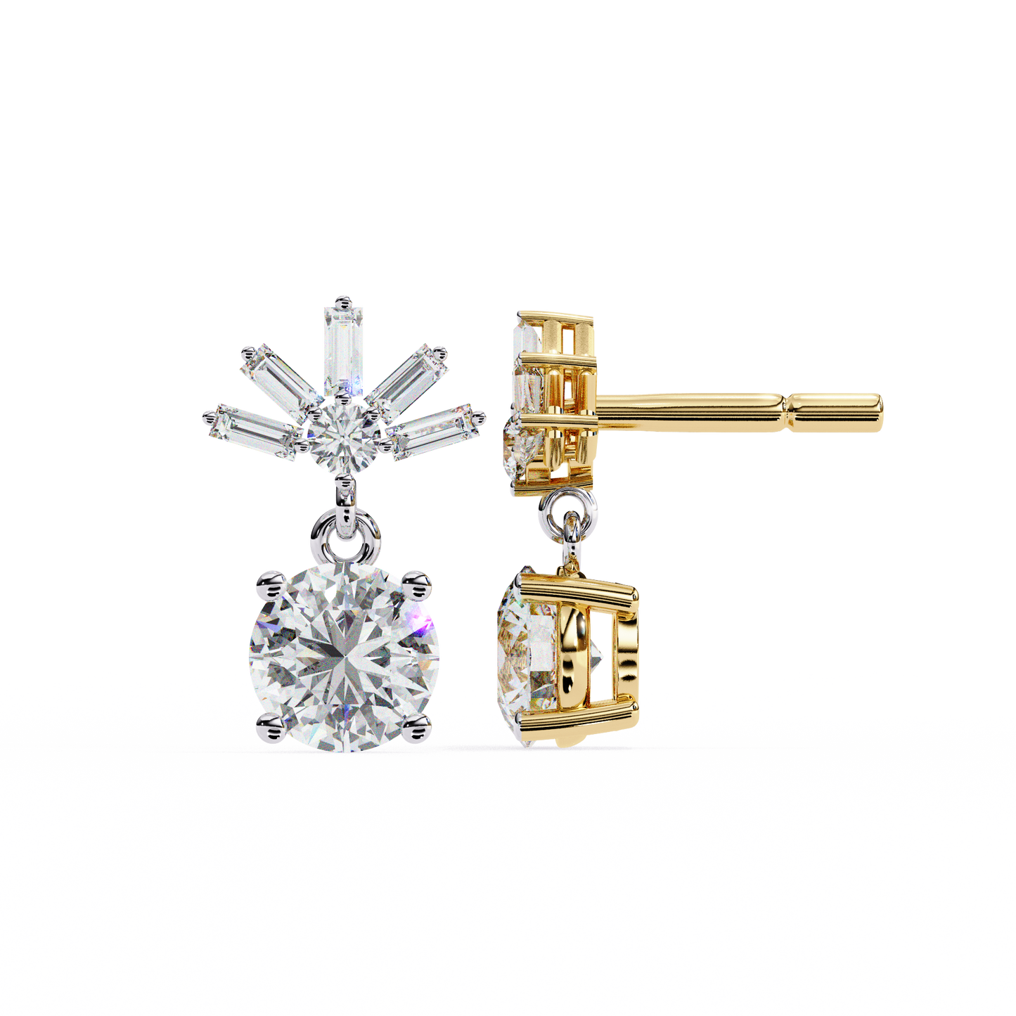 Round Baguette Gold Danglers/Gold CVD Diamond Earring/Anniversary Gift/Solitaire Diamond Stud Earring/1 Ct Diamond Earring/Prong Setting/igi Certified/Stud Earring/Ethical Diamond/Silver Earring/Gold Earring/CVD Diamond Earring/F Color Diamond/VS Clarity Diamond/Manmade Diamond/Lab Grown Diamond/Round Cut Diamond