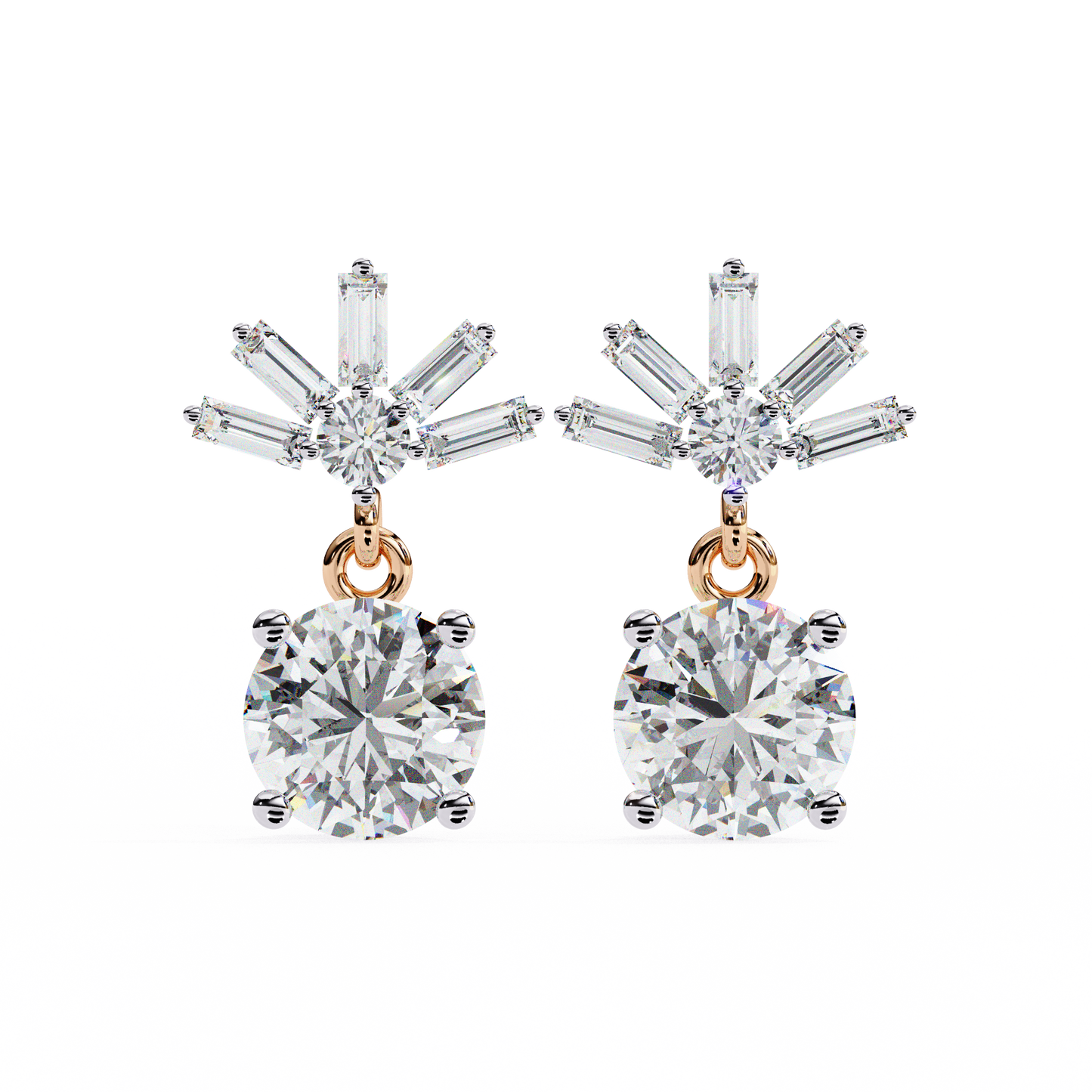 Round Baguette Gold Danglers/Gold CVD Diamond Earring/Anniversary Gift/Solitaire Diamond Stud Earring/1 Ct Diamond Earring/Prong Setting/igi Certified/Stud Earring/Ethical Diamond/Silver Earring/Gold Earring/CVD Diamond Earring/F Color Diamond/VS Clarity Diamond/Manmade Diamond/Lab Grown Diamond/Round Cut Diamond