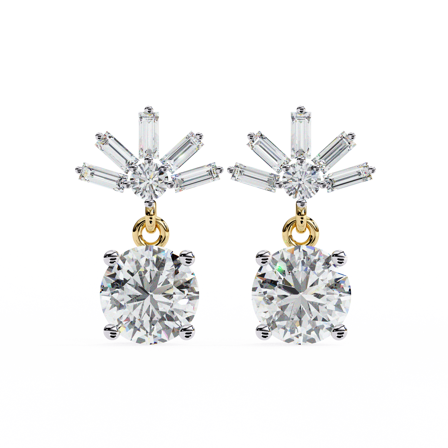 Round Baguette Gold Danglers/Gold CVD Diamond Earring/Anniversary Gift/Solitaire Diamond Stud Earring/1 Ct Diamond Earring/Prong Setting/igi Certified/Stud Earring/Ethical Diamond/Silver Earring/Gold Earring/CVD Diamond Earring/F Color Diamond/VS Clarity Diamond/Manmade Diamond/Lab Grown Diamond/Round Cut Diamond