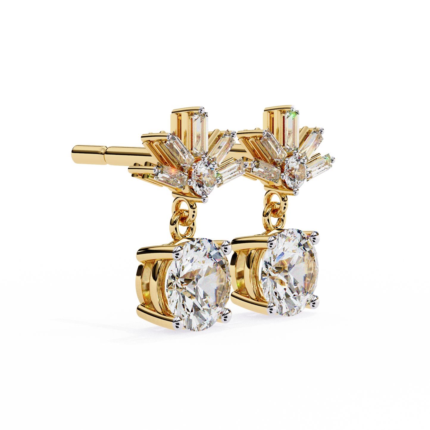Round Baguette Gold Danglers/Gold CVD Diamond Earring/Anniversary Gift/Solitaire Diamond Stud Earring/1 Ct Diamond Earring/Prong Setting/igi Certified/Stud Earring/Ethical Diamond/Silver Earring/Gold Earring/CVD Diamond Earring/F Color Diamond/VS Clarity Diamond/Manmade Diamond/Lab Grown Diamond/Round Cut Diamond