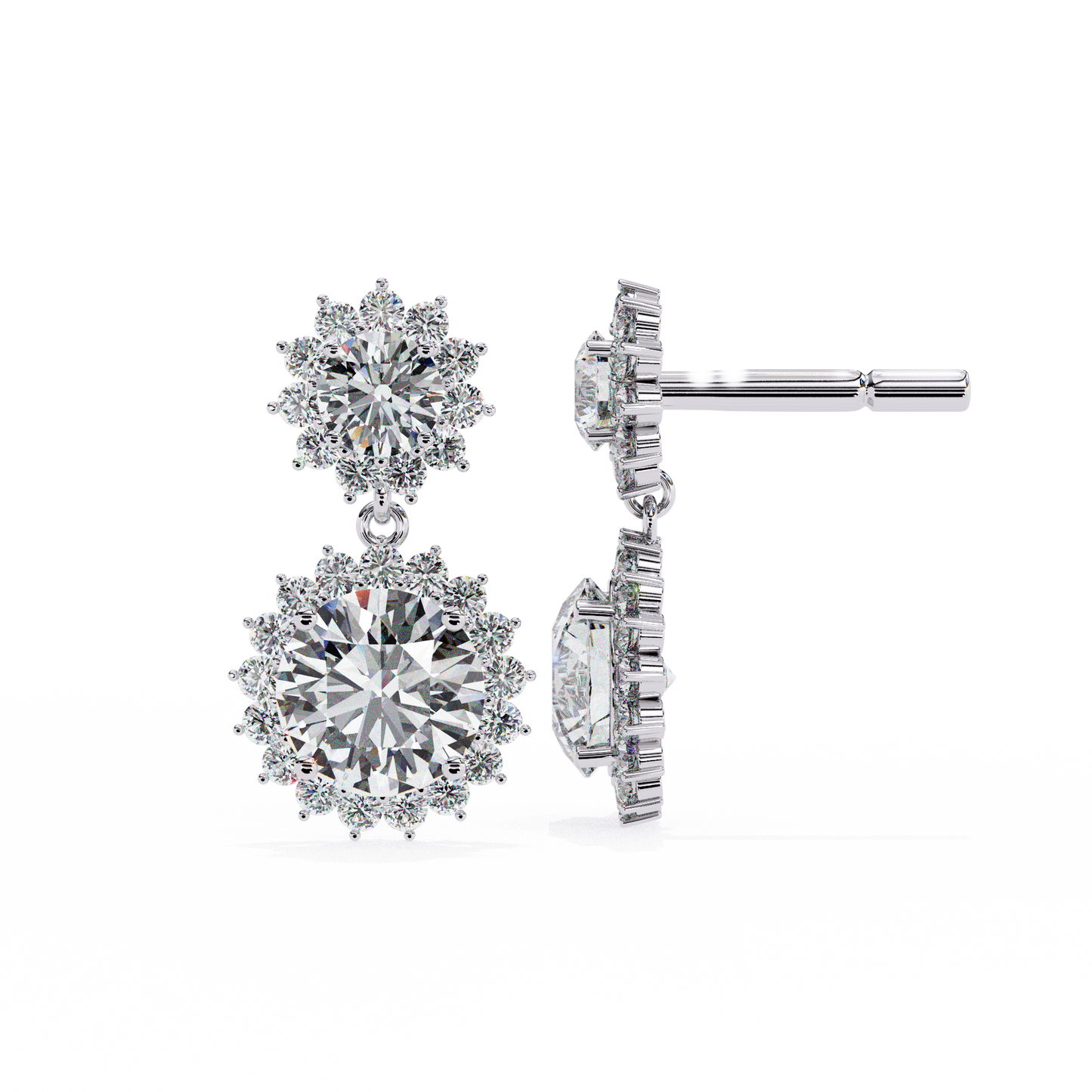 Halo Round Danglers/Gold CVD Diamond Earring/Anniversary Gift/Solitaire Diamond Stud Earring/1 Ct Diamond Earring/Prong Setting/igi Certified/Stud Earring/Ethical Diamond/Silver Earring/Gold Earring/CVD Diamond Earring/E Color Diamond/VS Clarity Diamond/Manmade Diamond/Lab Grown Diamond/Round Cut Diamond/Round Side Stone Diamond