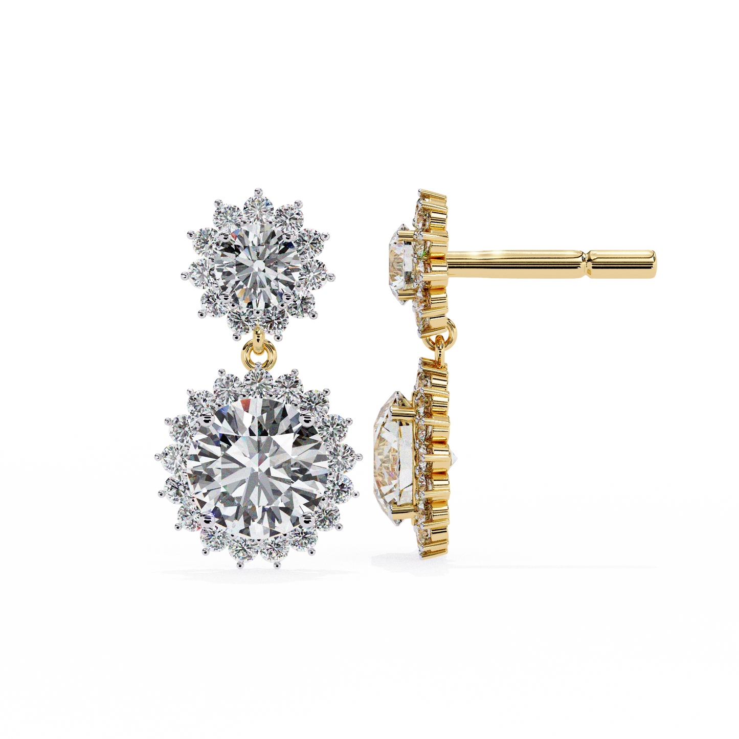 Halo Round Danglers/Gold CVD Diamond Earring/Anniversary Gift/Solitaire Diamond Stud Earring/1 Ct Diamond Earring/Prong Setting/igi Certified/Stud Earring/Ethical Diamond/Silver Earring/Gold Earring/CVD Diamond Earring/E Color Diamond/VS Clarity Diamond/Manmade Diamond/Lab Grown Diamond/Round Cut Diamond/Round Side Stone Diamond