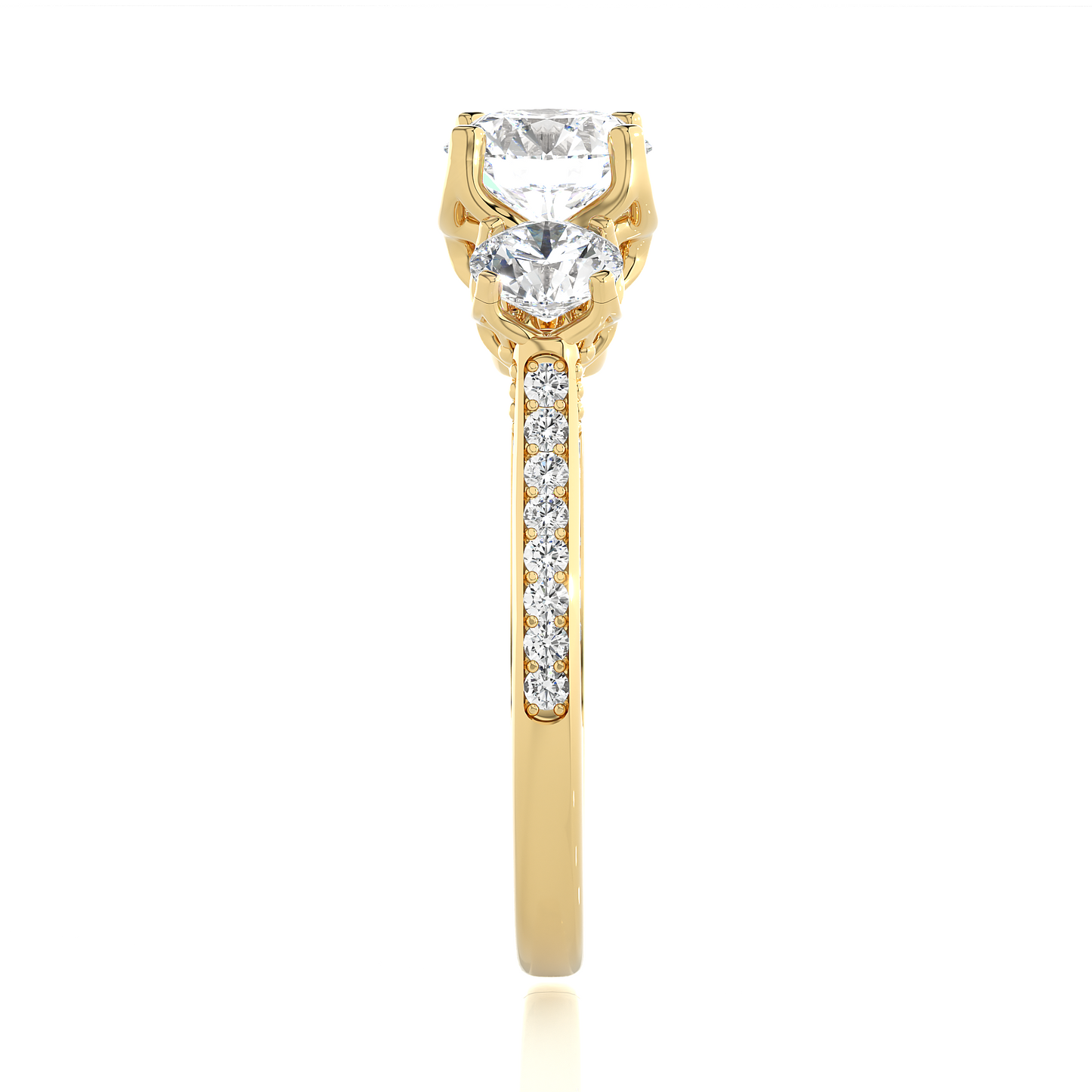 1.48 Ct Round Cut E-VS2 Lab Grown Diamond Three Stone Engagement Ring/Wedding Ring/F Color/VS Clarity/1 Ct Diamond Ring/CVD Diamond Ring/Round Cut Diamond/Round Diamond Side Stone/Prong Set/Three Stone Set/Pave Set/10k Gold/14k Gold/18k Gold/Yellow Gold/White Gold/Rose Gold/Anniversary Gift