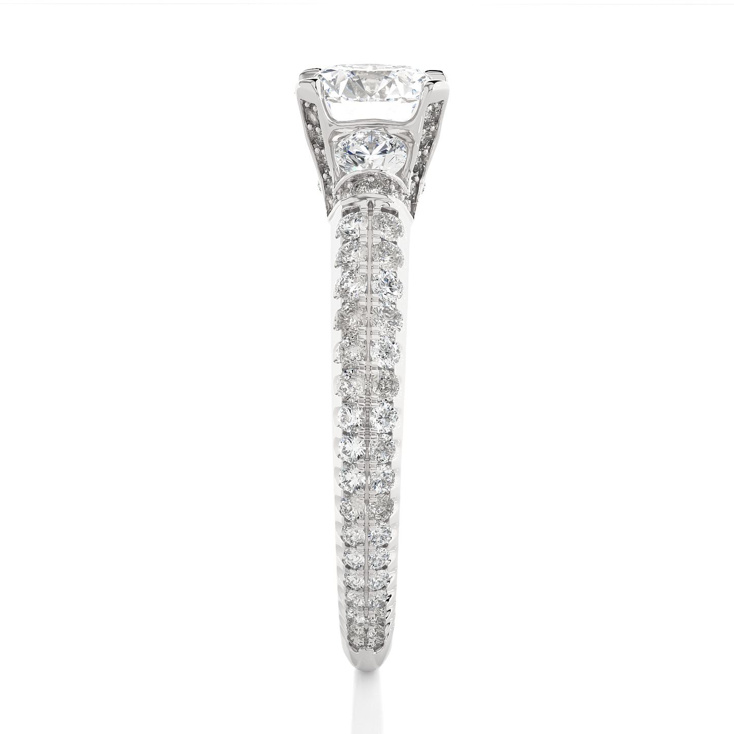 1.31 Ct Round Cut Lab Grown Diamond Three Stone Engagement Ring With Double Pave Shank/Wedding Ring/F Color/VS Clarity/1 Ct Diamond Ring/CVD Diamond Ring/Round Cut Diamond/Round Diamond Side Stone/Prong Set/Three Stone Set/Pave Set/10k Gold/14k Gold/18k Gold/Yellow Gold/White Gold/Rose Gold/Anniversary Gift