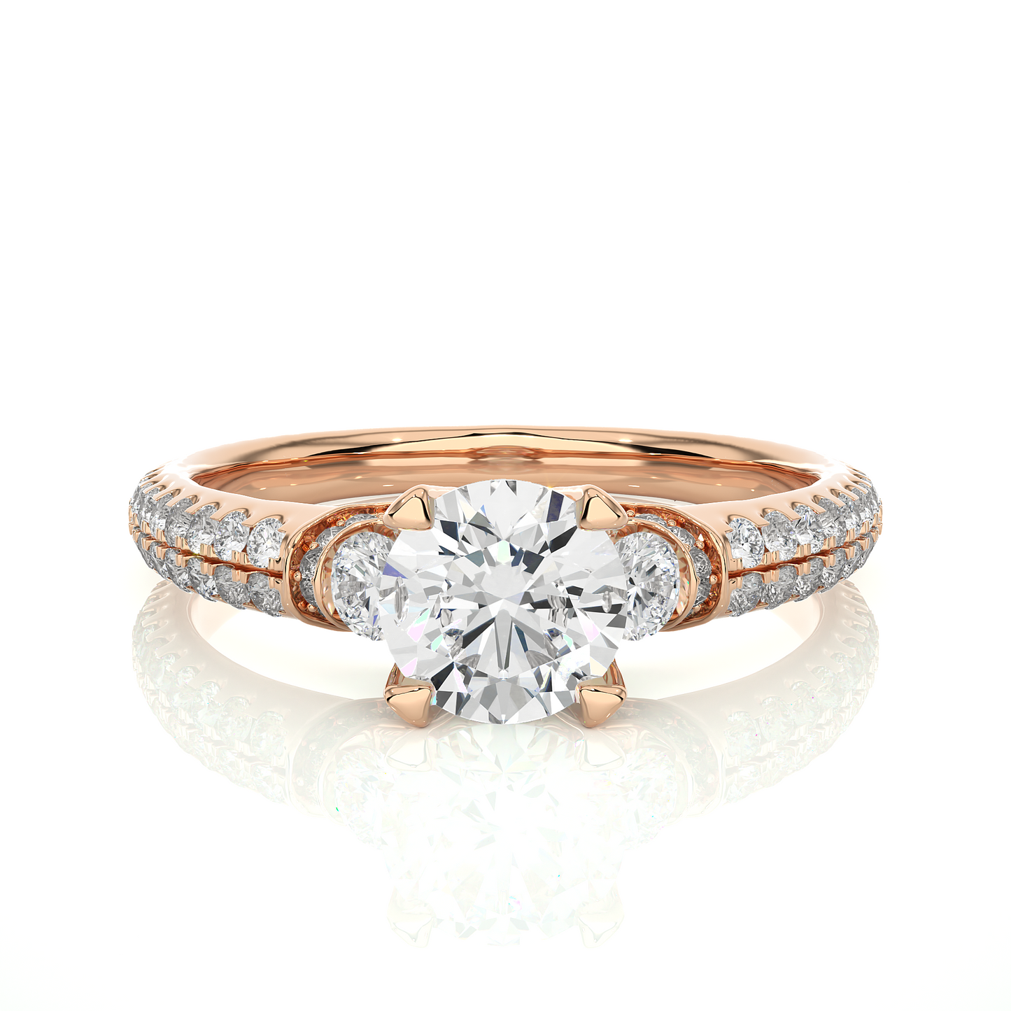 1.31 Ct Round Cut Lab Grown Diamond Three Stone Engagement Ring With Double Pave Shank/Wedding Ring/F Color/VS Clarity/1 Ct Diamond Ring/CVD Diamond Ring/Round Cut Diamond/Round Diamond Side Stone/Prong Set/Three Stone Set/Pave Set/10k Gold/14k Gold/18k Gold/Yellow Gold/White Gold/Rose Gold/Anniversary Gift