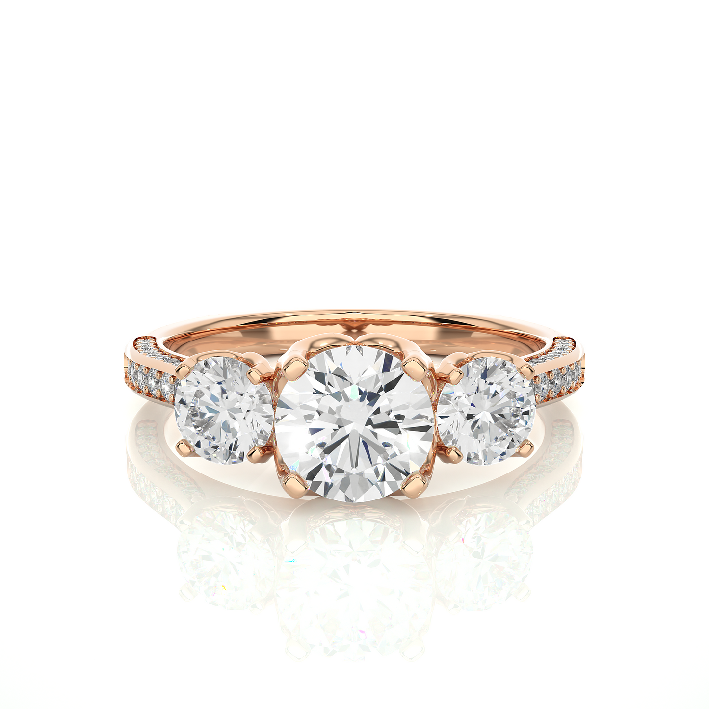 1.48 Ct Round Cut E-VS2 Lab Grown Diamond Three Stone Engagement Ring/Wedding Ring/F Color/VS Clarity/1 Ct Diamond Ring/CVD Diamond Ring/Round Cut Diamond/Round Diamond Side Stone/Prong Set/Three Stone Set/Pave Set/10k Gold/14k Gold/18k Gold/Yellow Gold/White Gold/Rose Gold/Anniversary Gift