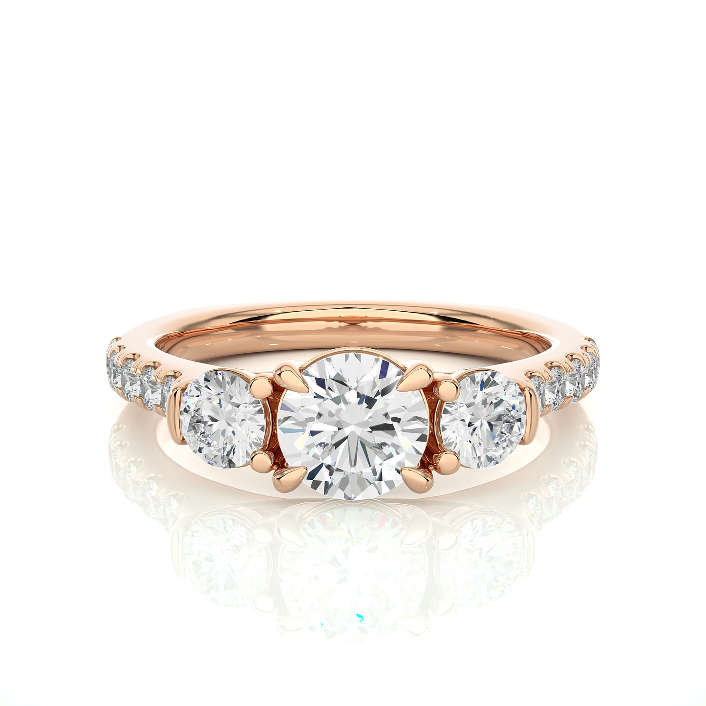 1.31 Ct Round Cut Lab Grown Diamond Three Stone Gold Engagement Ring/Wedding Ring/F Color/VS Clarity/1 Ct Diamond Ring/CVD Diamond Ring/Round Cut Diamond/Round Diamond Side Stone/Prong Set/Three Stone Set/Pave Set/10k Gold/14k Gold/18k Gold/Yellow Gold/White Gold/Rose Gold/Anniversary Gift