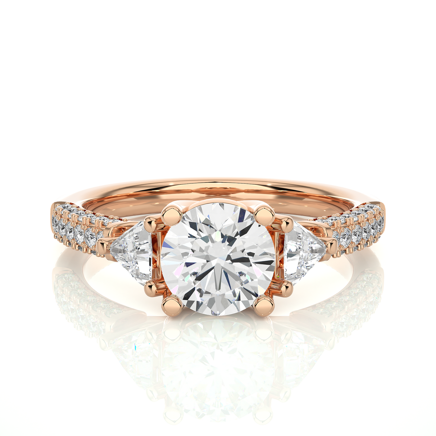 1.53 Ct Round Cut Lab Grown Diamond Three Stone Engagement Ring/Wedding Ring/F Color/VS Clarity/1 Ct Diamond Ring/CVD Diamond Ring/Round Cut Diamond/Trillion Diamond Side Stone/Prong Set/Three Stone Set/10k Gold/14k Gold/18k Gold/Yellow Gold/White Gold/Rose Gold/Anniversary Gift