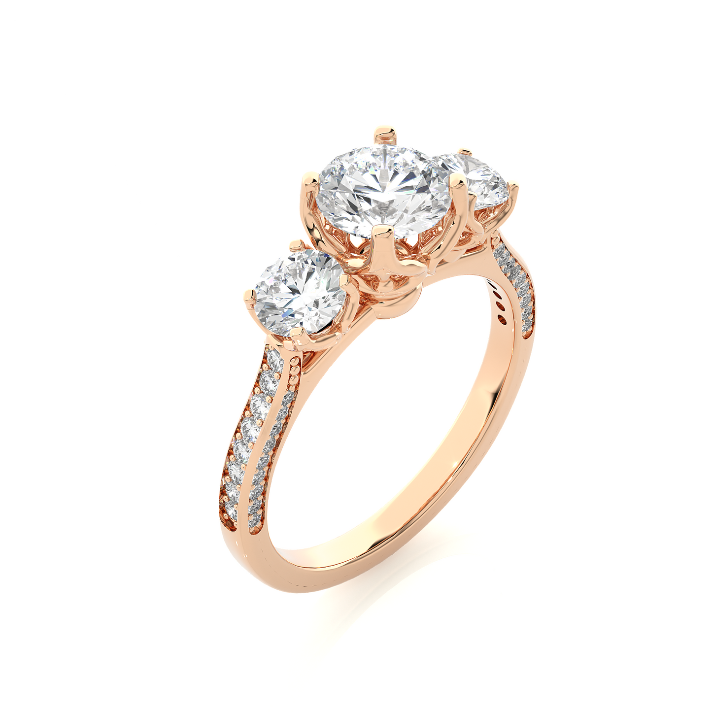 1.48 Ct Round Cut E-VS2 Lab Grown Diamond Three Stone Engagement Ring/Wedding Ring/F Color/VS Clarity/1 Ct Diamond Ring/CVD Diamond Ring/Round Cut Diamond/Round Diamond Side Stone/Prong Set/Three Stone Set/Pave Set/10k Gold/14k Gold/18k Gold/Yellow Gold/White Gold/Rose Gold/Anniversary Gift