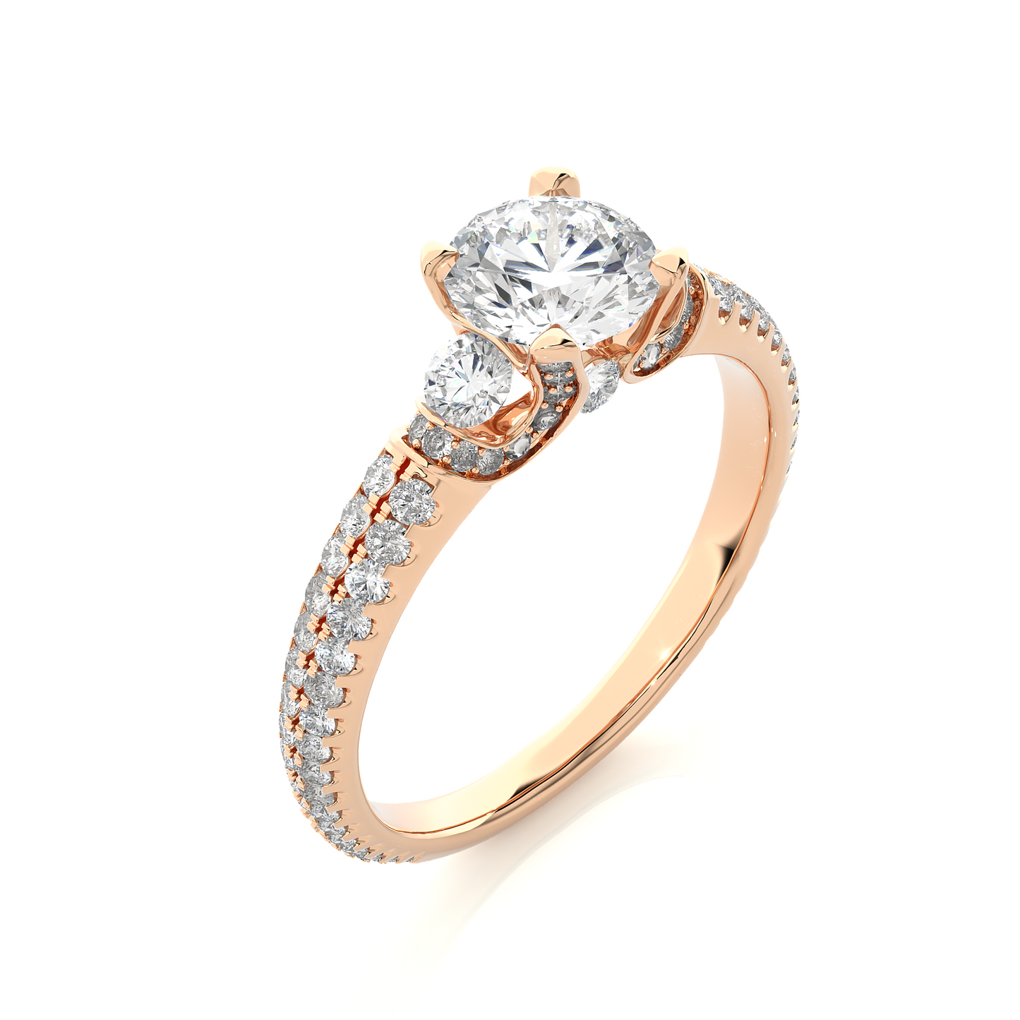1.31 Ct Round Cut Lab Grown Diamond Three Stone Engagement Ring With Double Pave Shank/Wedding Ring/F Color/VS Clarity/1 Ct Diamond Ring/CVD Diamond Ring/Round Cut Diamond/Round Diamond Side Stone/Prong Set/Three Stone Set/Pave Set/10k Gold/14k Gold/18k Gold/Yellow Gold/White Gold/Rose Gold/Anniversary Gift