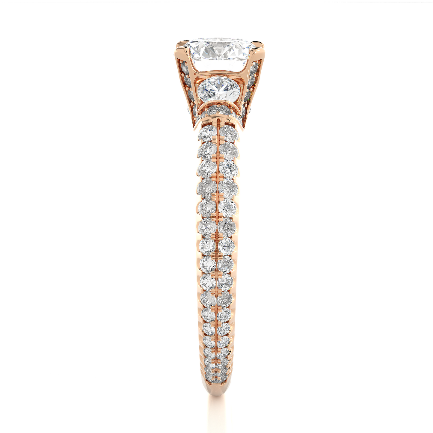 1.31 Ct Round Cut Lab Grown Diamond Three Stone Engagement Ring With Double Pave Shank/Wedding Ring/F Color/VS Clarity/1 Ct Diamond Ring/CVD Diamond Ring/Round Cut Diamond/Round Diamond Side Stone/Prong Set/Three Stone Set/Pave Set/10k Gold/14k Gold/18k Gold/Yellow Gold/White Gold/Rose Gold/Anniversary Gift