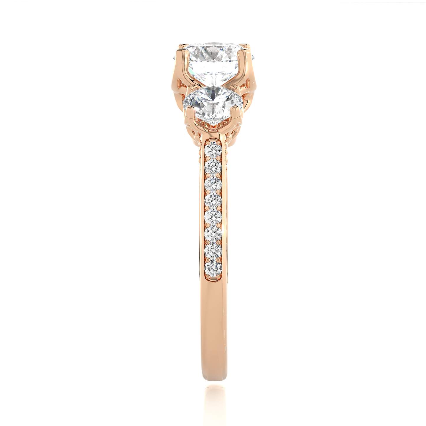 1.48 Ct Round Cut E-VS2 Lab Grown Diamond Three Stone Engagement Ring/Wedding Ring/F Color/VS Clarity/1 Ct Diamond Ring/CVD Diamond Ring/Round Cut Diamond/Round Diamond Side Stone/Prong Set/Three Stone Set/Pave Set/10k Gold/14k Gold/18k Gold/Yellow Gold/White Gold/Rose Gold/Anniversary Gift