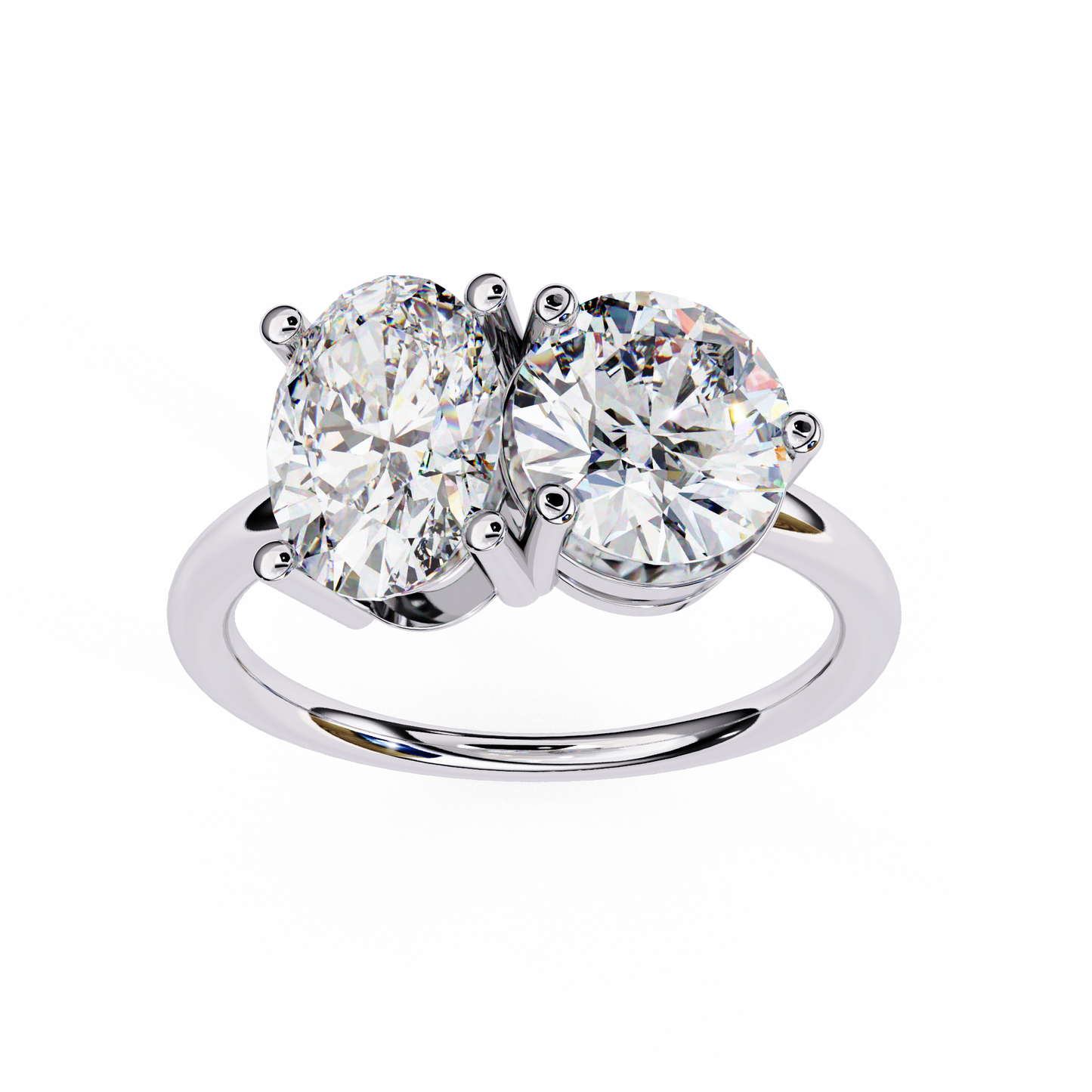 Round And Oval Cut Lab Grown Diamond Two Stone Engagement Ring/Wedding Ring/F Color/VS Clarity/1 Ct Diamond Ring/CVD Diamond Ring/Oval Cut Diamond/Round Diamond Side Stone/Prong Set/10k Gold/14k Gold/18k Gold/Yellow Gold/White Gold/Rose Gold/Anniversary Gift