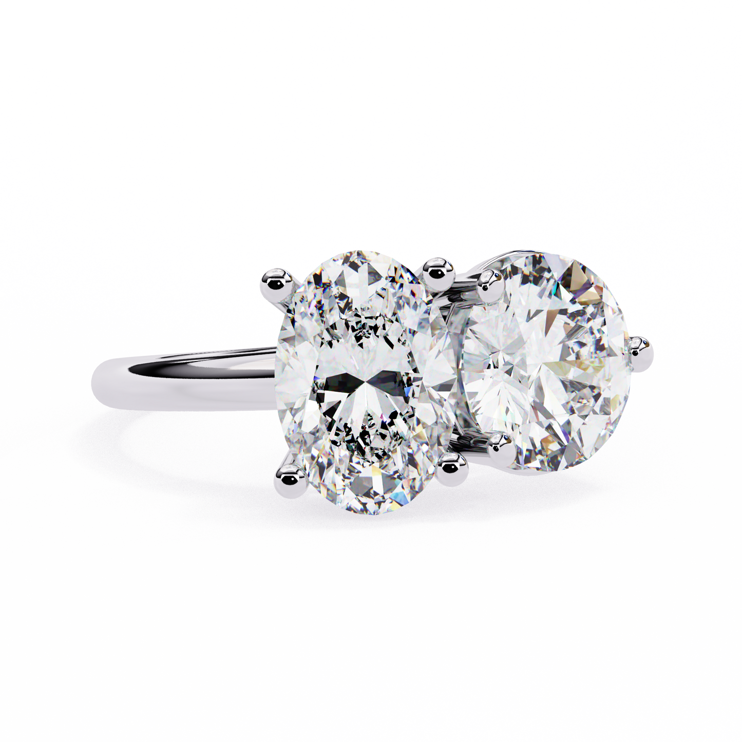 Round And Oval Cut Lab Grown Diamond Two Stone Engagement Ring/Wedding Ring/F Color/VS Clarity/1 Ct Diamond Ring/CVD Diamond Ring/Oval Cut Diamond/Round Diamond Side Stone/Prong Set/10k Gold/14k Gold/18k Gold/Yellow Gold/White Gold/Rose Gold/Anniversary Gift