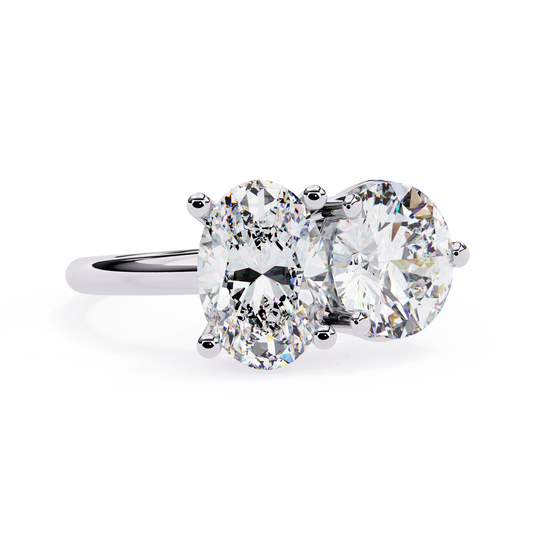 Round And Oval Cut Lab Grown Diamond Two Stone Engagement Ring/Wedding Ring/F Color/VS Clarity/1 Ct Diamond Ring/CVD Diamond Ring/Oval Cut Diamond/Round Diamond Side Stone/Prong Set/10k Gold/14k Gold/18k Gold/Yellow Gold/White Gold/Rose Gold/Anniversary Gift