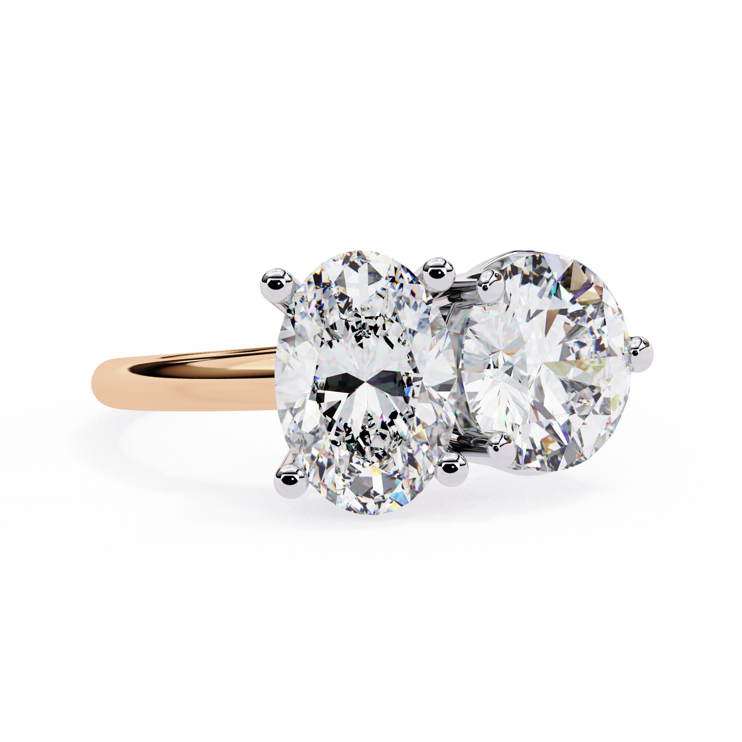 Round And Oval Cut Lab Grown Diamond Two Stone Engagement Ring/Wedding Ring/F Color/VS Clarity/1 Ct Diamond Ring/CVD Diamond Ring/Oval Cut Diamond/Round Diamond Side Stone/Prong Set/10k Gold/14k Gold/18k Gold/Yellow Gold/White Gold/Rose Gold/Anniversary Gift