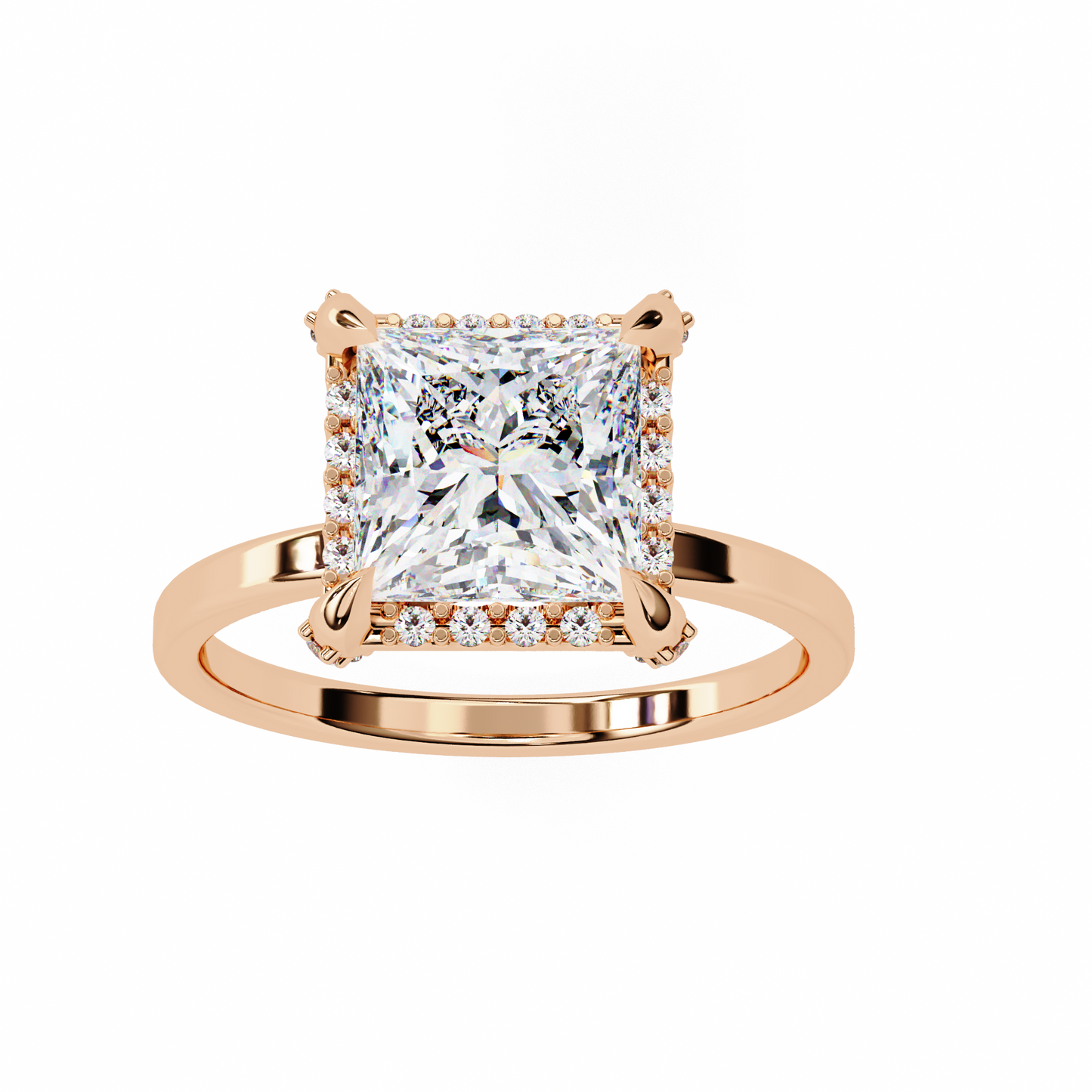 2.05 Ct Princess Cut Lab Grown Diamond Halo Rose Gold Engagement Ring/Wedding Ring/F Color/VS Clarity/2 Ct Diamond Ring/CVD Diamond Ring/Princess Cut Diamond/Round Diamond Side Stone/Prong Set/Halo Set/10k Gold/14k Gold/18k Gold/Yellow Gold/White Gold/Rose Gold/Anniversary Gift