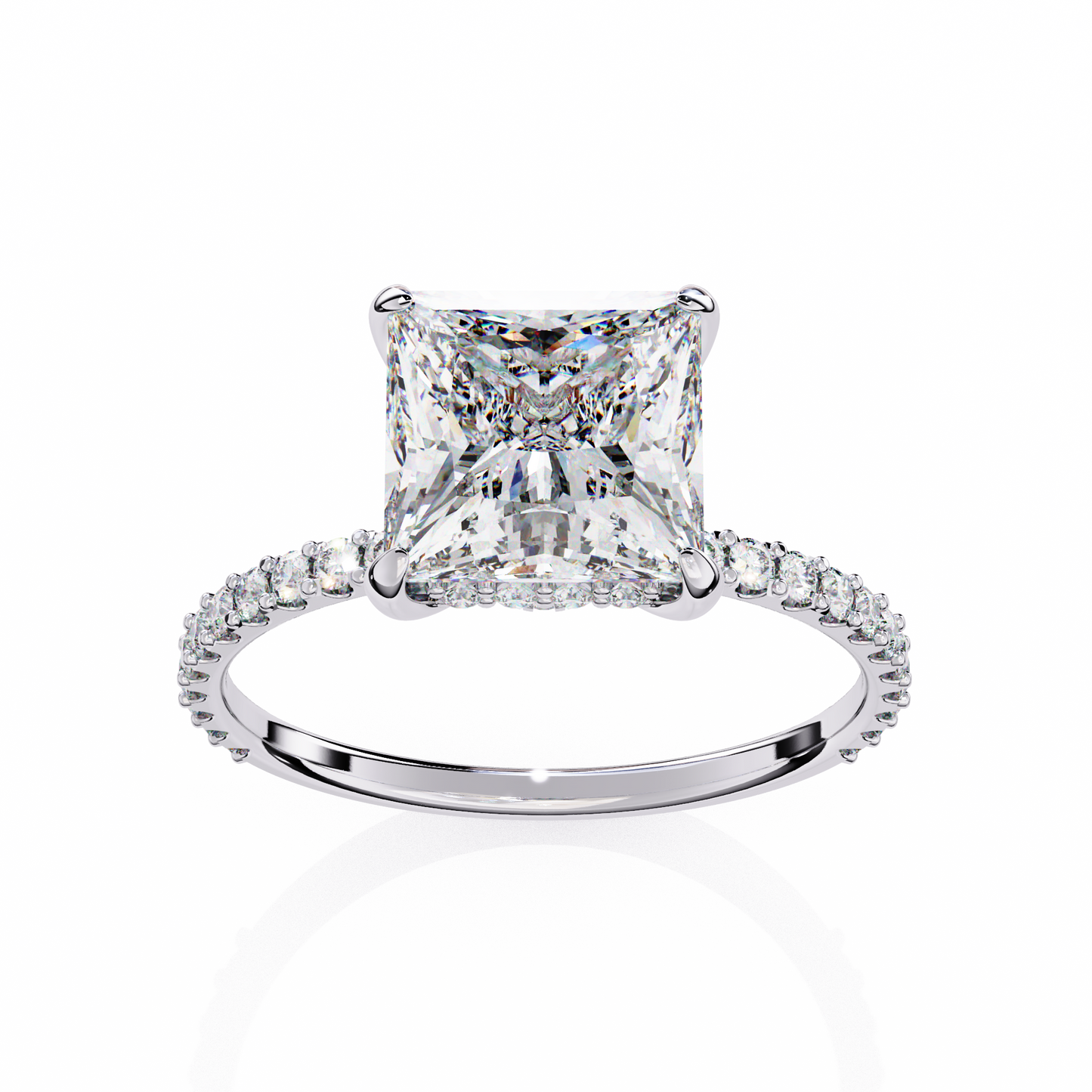 2.56 Ct Princess Cut Lab Grown Diamond Hidden Halo Pave Engagement Ring/Wedding Ring/E Color/VS Clarity/2 Ct Diamond Ring/CVD Diamond Ring/Princess Cut Diamond/Round Diamond Side Stone/10k Gold/14k Gold/18k Gold/Yellow Gold/White Gold/Rose Gold/Anniversary Gift