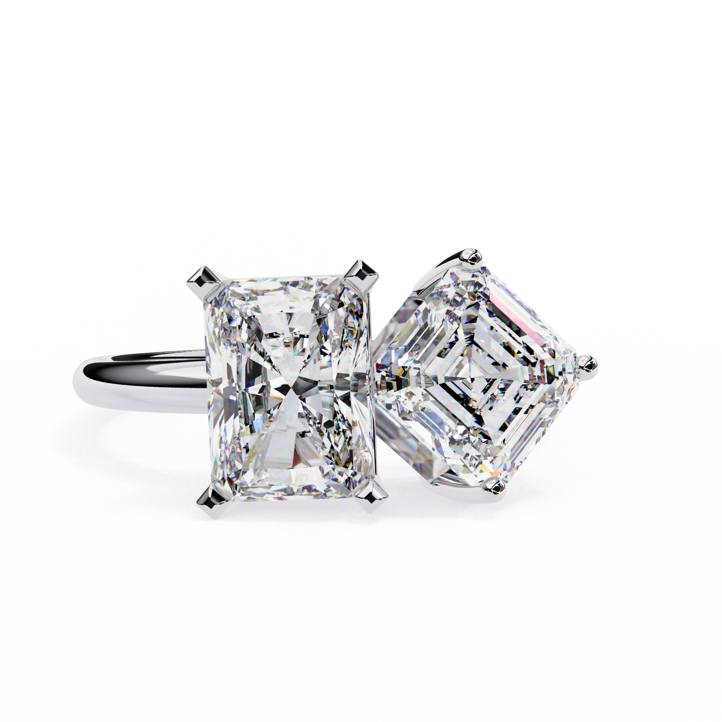 Radiant And Emerald Cut Lab Grown Diamond Two Stone Engagement Ring/Wedding Ring/F Color/VS Clarity/3 Ct Diamond Ring/CVD Diamond Ring/Radiant Cut Diamond/Asscher Diamond Side Stone/Prong Set/10k Gold/14k Gold/18k Gold/Yellow Gold/White Gold/Rose Gold/Anniversary Gift