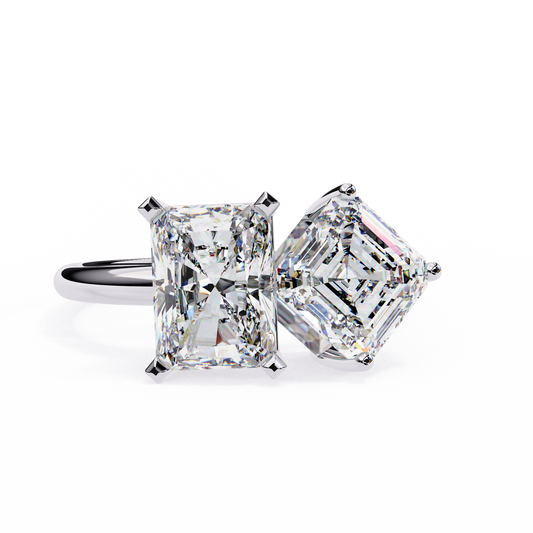 Radiant And Emerald Cut Lab Grown Diamond Two Stone Engagement Ring/Wedding Ring/F Color/VS Clarity/3 Ct Diamond Ring/CVD Diamond Ring/Radiant Cut Diamond/Asscher Diamond Side Stone/Prong Set/10k Gold/14k Gold/18k Gold/Yellow Gold/White Gold/Rose Gold/Anniversary Gift
