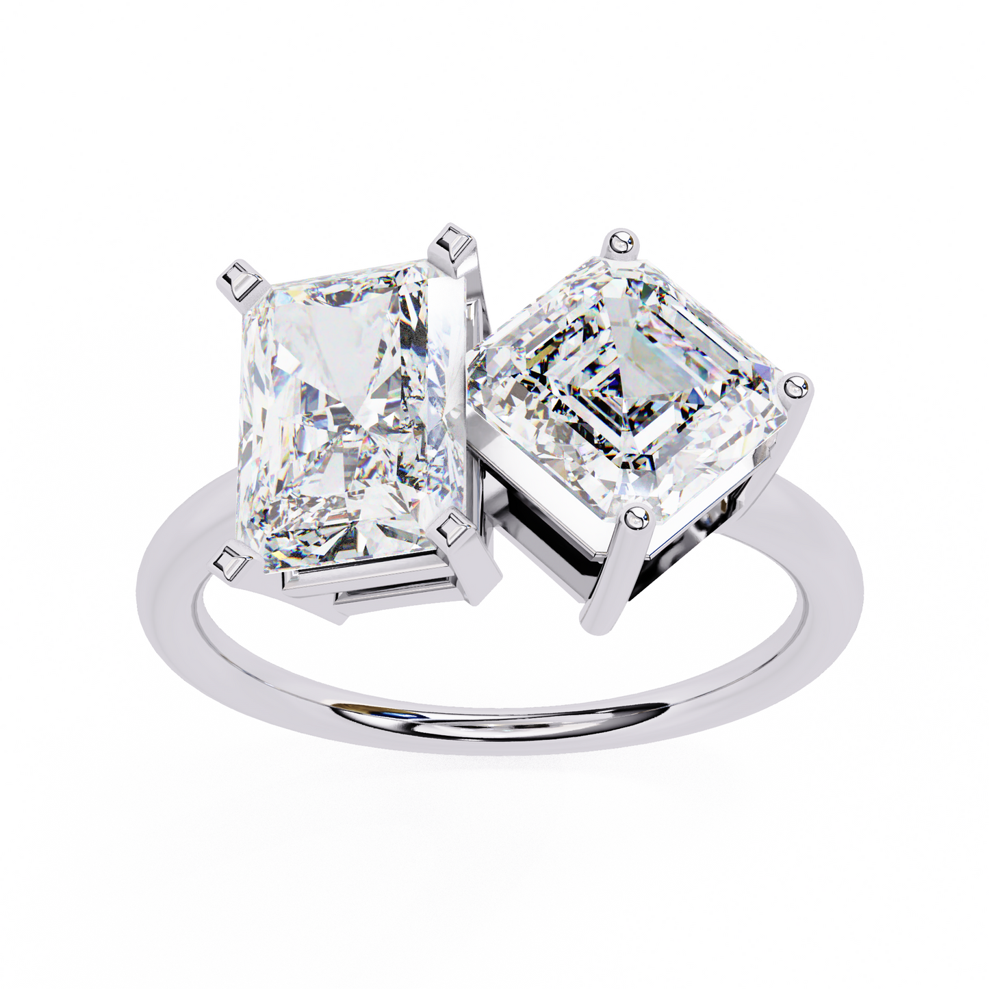 Radiant And Emerald Cut Lab Grown Diamond Two Stone Engagement Ring/Wedding Ring/F Color/VS Clarity/3 Ct Diamond Ring/CVD Diamond Ring/Radiant Cut Diamond/Asscher Diamond Side Stone/Prong Set/10k Gold/14k Gold/18k Gold/Yellow Gold/White Gold/Rose Gold/Anniversary Gift