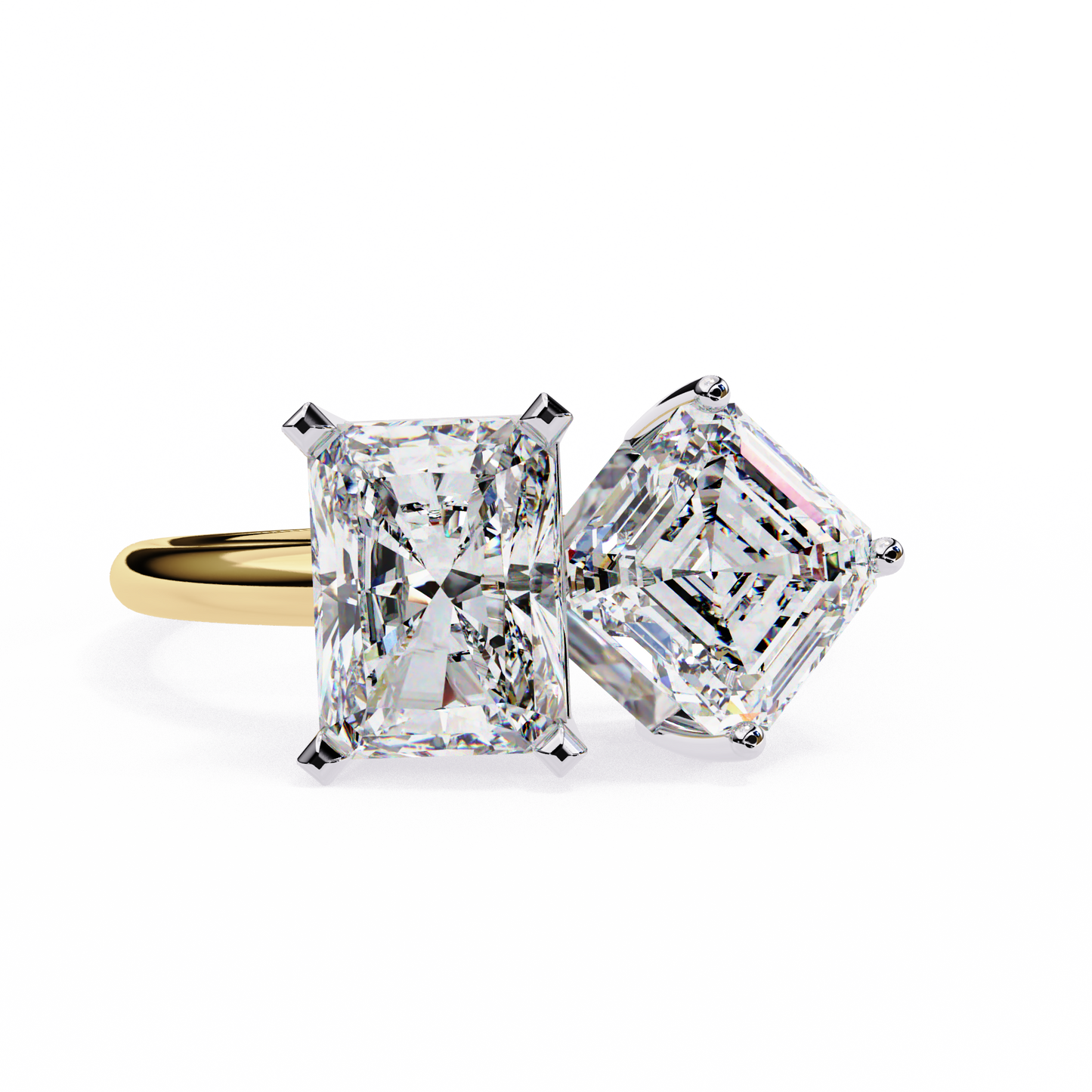 Radiant And Emerald Cut Lab Grown Diamond Two Stone Engagement Ring/Wedding Ring/F Color/VS Clarity/3 Ct Diamond Ring/CVD Diamond Ring/Radiant Cut Diamond/Asscher Diamond Side Stone/Prong Set/10k Gold/14k Gold/18k Gold/Yellow Gold/White Gold/Rose Gold/Anniversary Gift