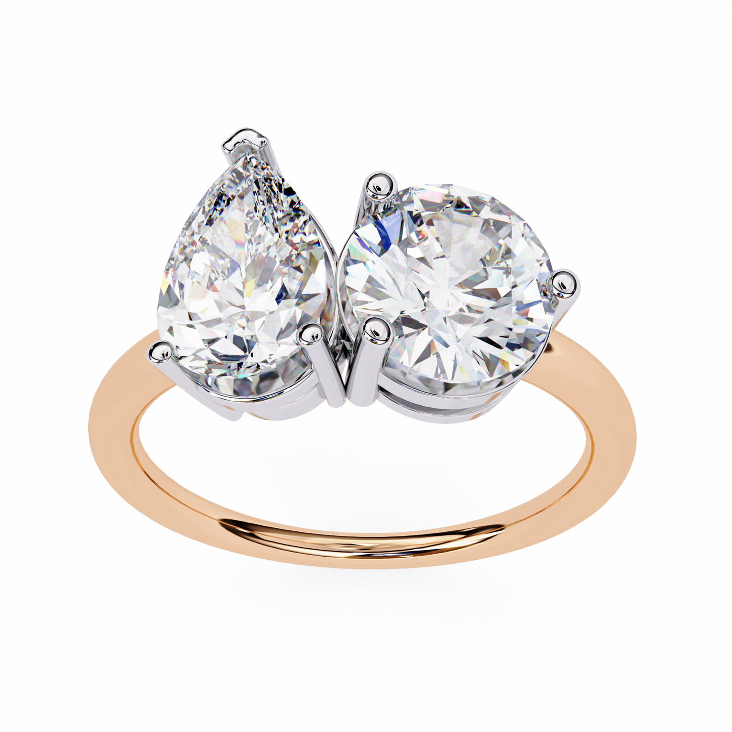 2 Stone Gold Ring/Wedding Ring/F Color/VS Clarity/1 Ct Diamond Ring/CVD Diamond Ring/Round Cut Diamond/Pear Diamond Side Stone/Prong Set/Two Stone Set/10k Gold/14k Gold/18k Gold/Yellow Gold/White Gold/Rose Gold/Anniversary Gift